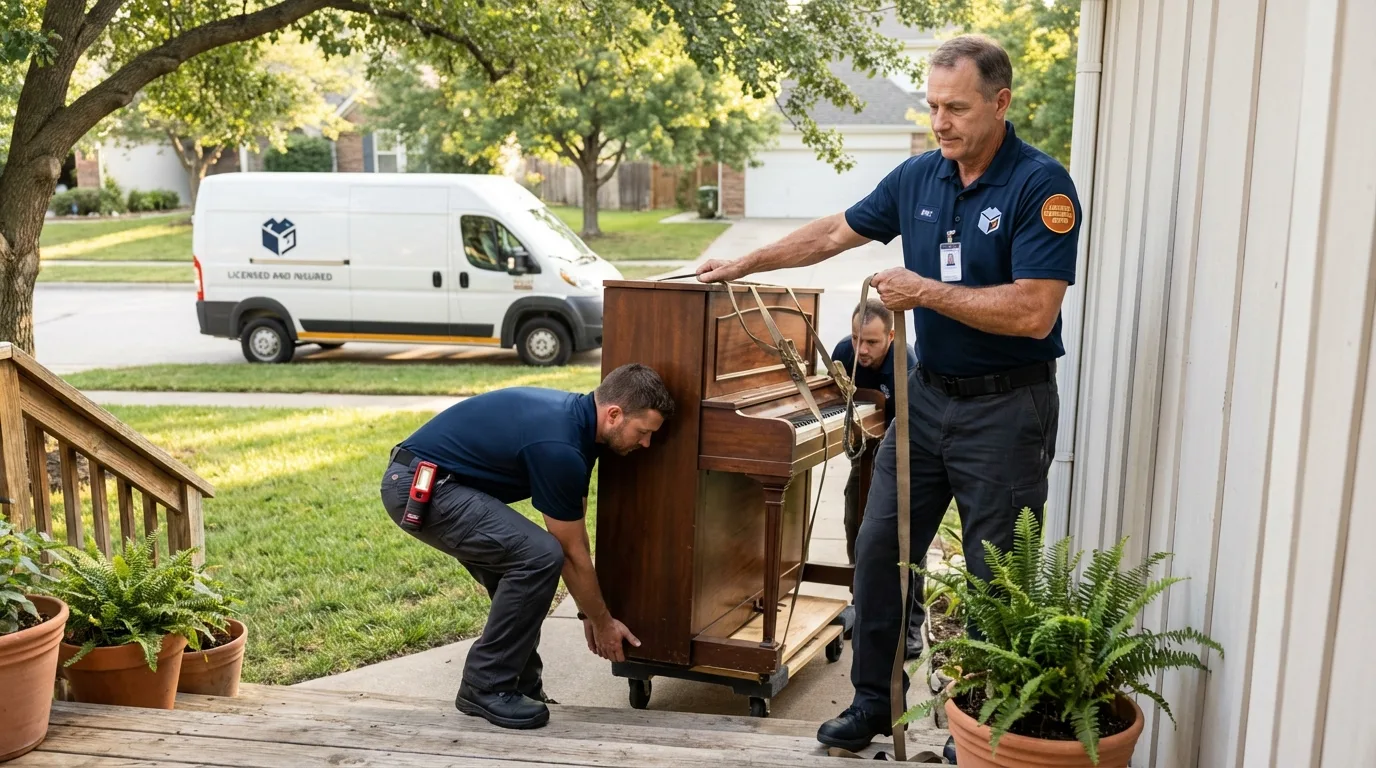 Licensed piano movers securing grand piano in Kenton, OH