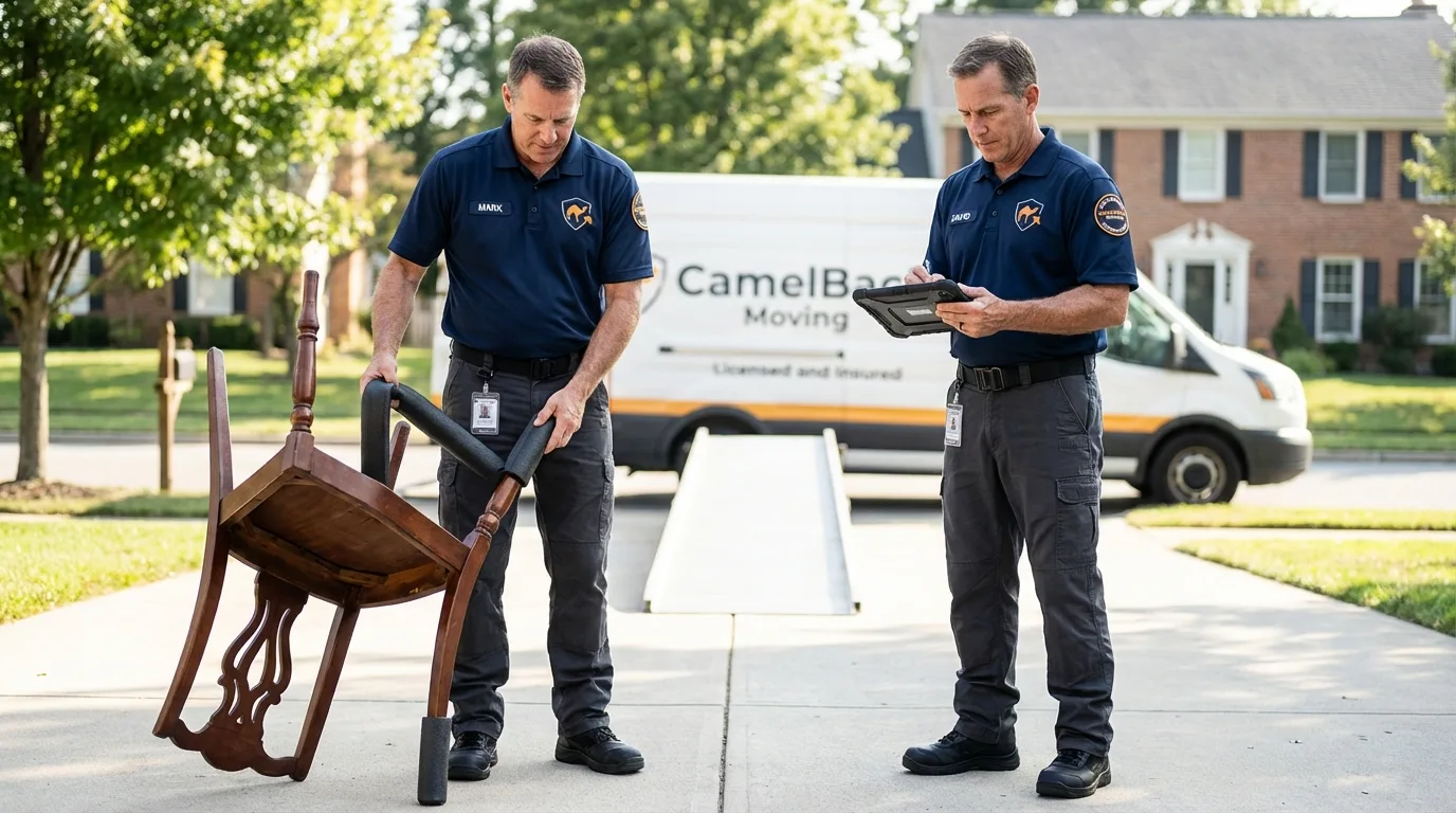 Movers inspecting furniture for damage prevention before loading in Kenton, OH