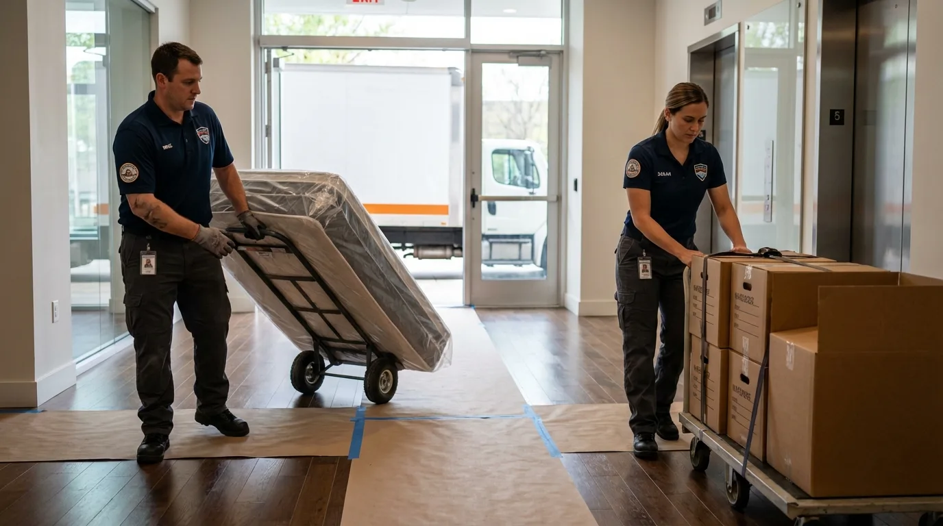 Professional apartment movers loading elevator in Kenton, OH